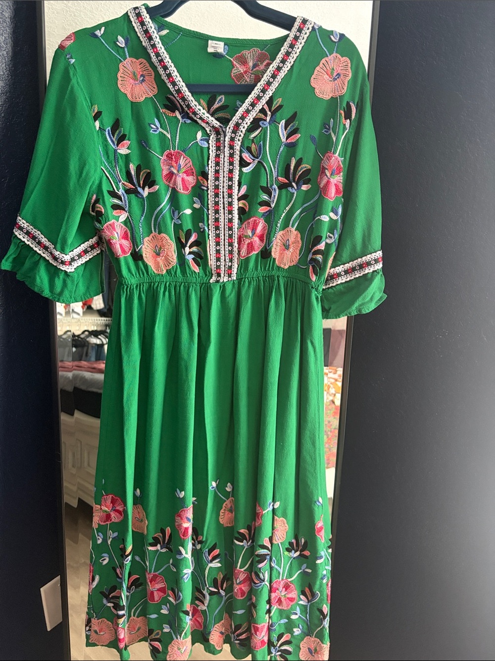 Embroidered Green Midi Dress with Pink Floral Detail